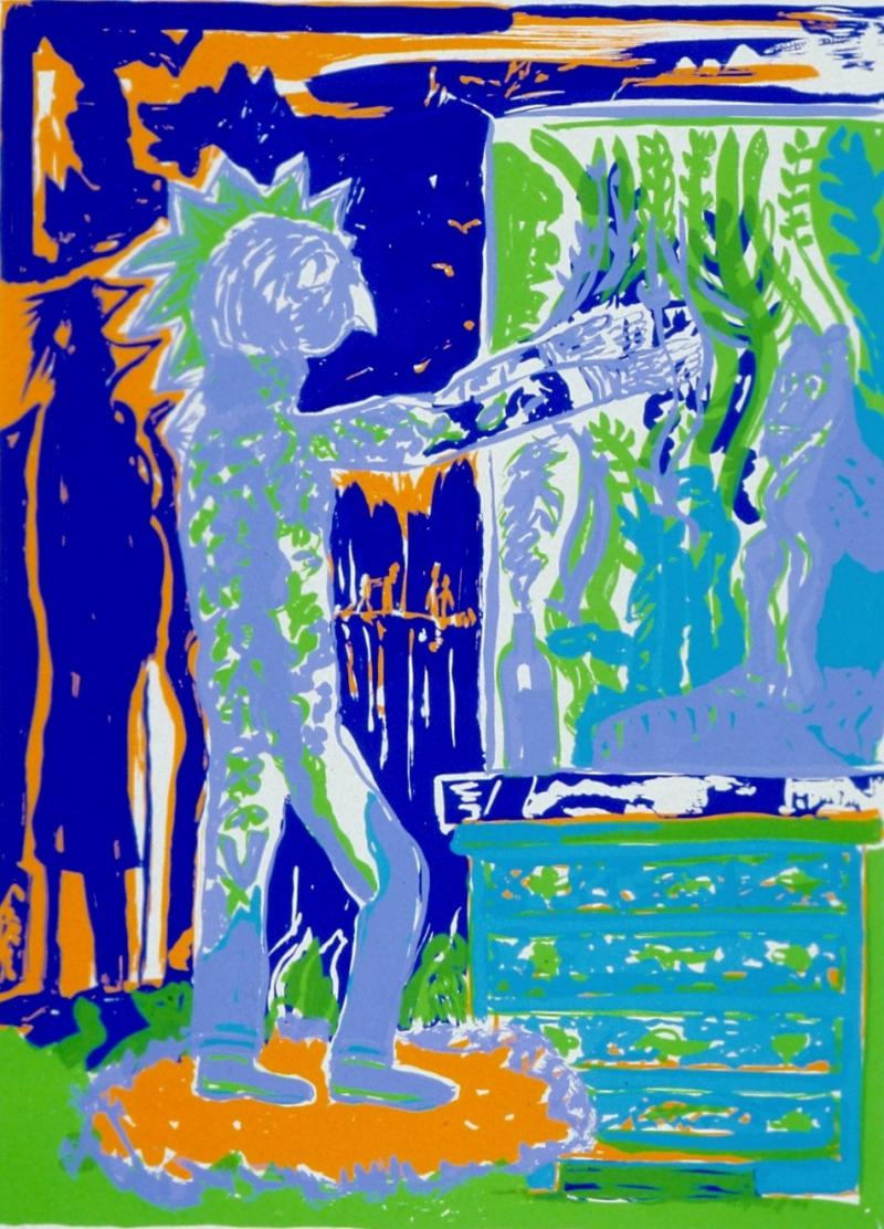 Alfred Klinkan , aus der Serie Orpheus "Eintritt in die Liquidität", 1985, Farbsiebdruck