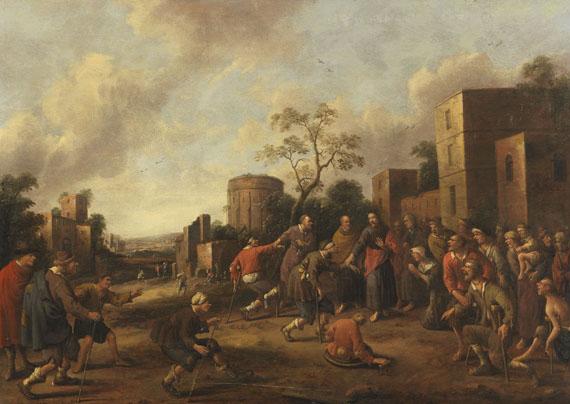 Lot: 12   Droochsloot, Joost Cornelisz.  Jesus heilt die Blinden und Lahmen, 1664.  Schätzpreis: 15.000 EUR / 20.100 $