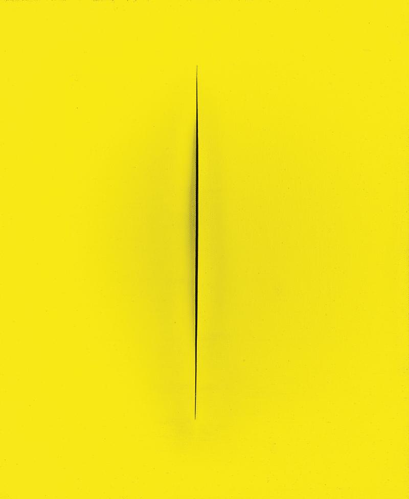 Lucio Fontana (1899 - 1968) "Concetto spaziale" Attesa, 1968, Acryl auf Leinwand, Gelb, 73,5 x 60 cm erzielter Preis € 1,071.389 Auktion 27. November 2013