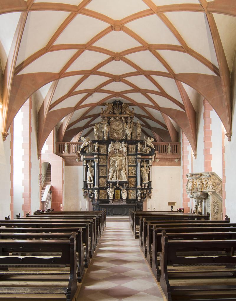 Bildtitel: Schloss Johannisburg, Schlosskapelle, Altar und Kanzel von Hans Juncker  Foto: Foto Alfen, Aschaffenburg © Bayerische Schlösserverwaltung