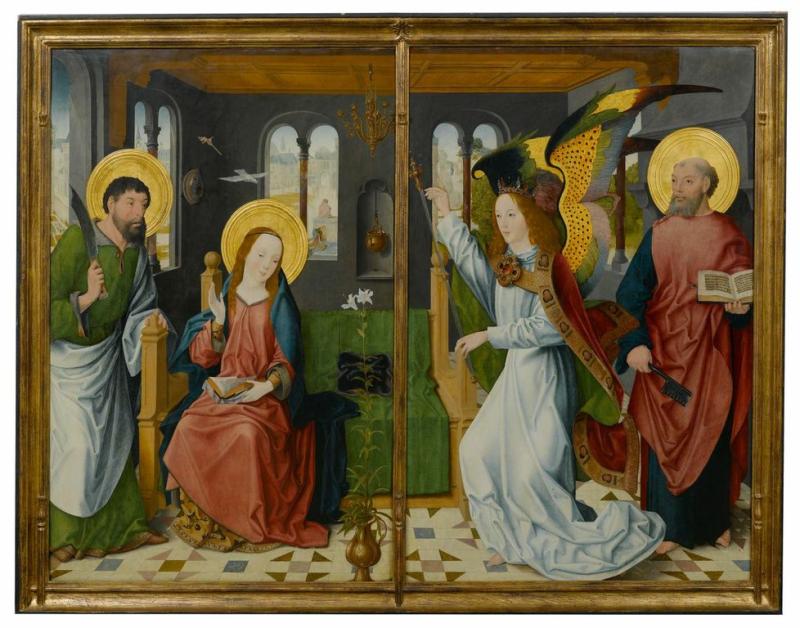 MEISTER DER HEILIGEN SIPPE, UM 1490 Zwei Altarflügel: Verkündigung Mariä, mit den Heiligen Bartholomäus und Petrus. Öl auf Eichenholz. Je 134x94 cm. CHF 300 000 / 500 000 Auktion 28. März 2014