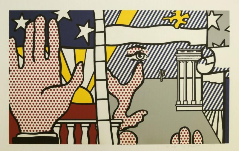 890  Roy Lichtenstein, „Inaugural Print“, signierte Farbserigraphie von 1977, Künstlerabzug, o. Rahmen Roy Lichtenstein, 1923 New York – 1997 ebd., Geometrisch-comicartige Landschaftskomposition mit Hand, Sonne 3.500 €