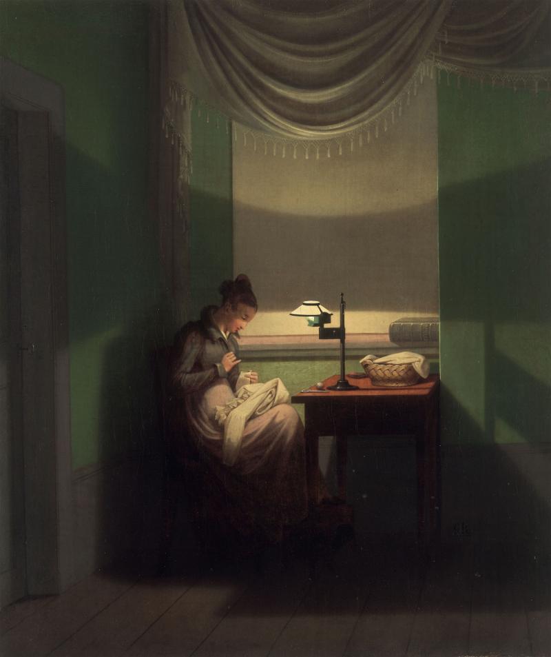 Georg Friedrich Kersting (1785 – 1847), Junge Frau, beim Schein einer Lampe nähend, 1823, Öl auf Leinwand, 40,3 x 34,2 cm © Bayerische Staatsgemäldesammlungen, Neue Pinakothek, München