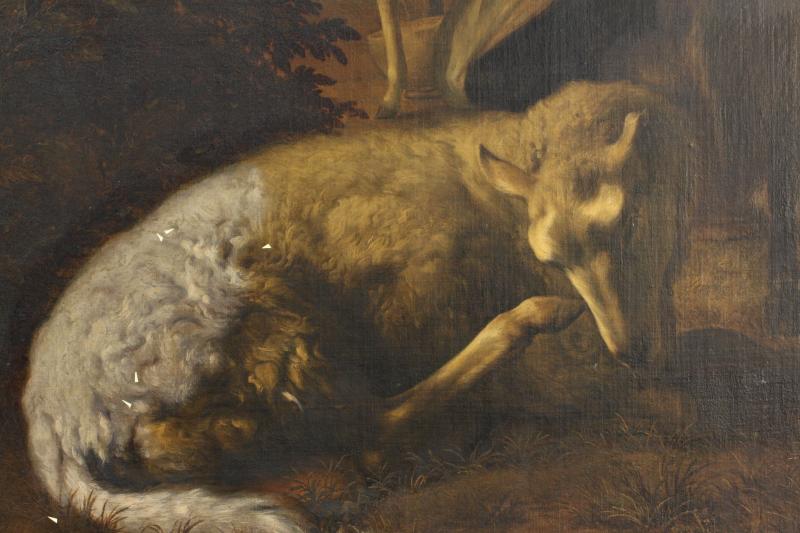 Jacob van der Does, Hirtin mit Schafen (Detail), 1651. Der Bildausschnitt zeigt eindrucksvoll den Zustand des Bildes vor und nach der Restaurierung. Foto: Staatsgalerie Stuttgart