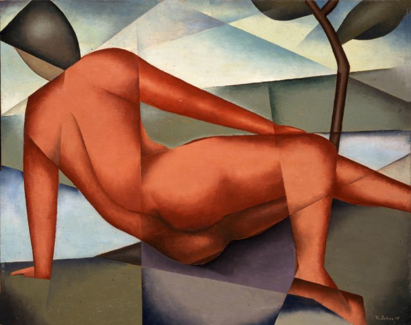 Rudolf Jahns (1896 — 1983): Roter Akt in Landschaft, 1947, Öl auf Holz, 40 × 50 cm, Barbara Roselieb-Jahns, Foto: Axel Triestram, (c) VG Bild-Kunst, Bonn 2014