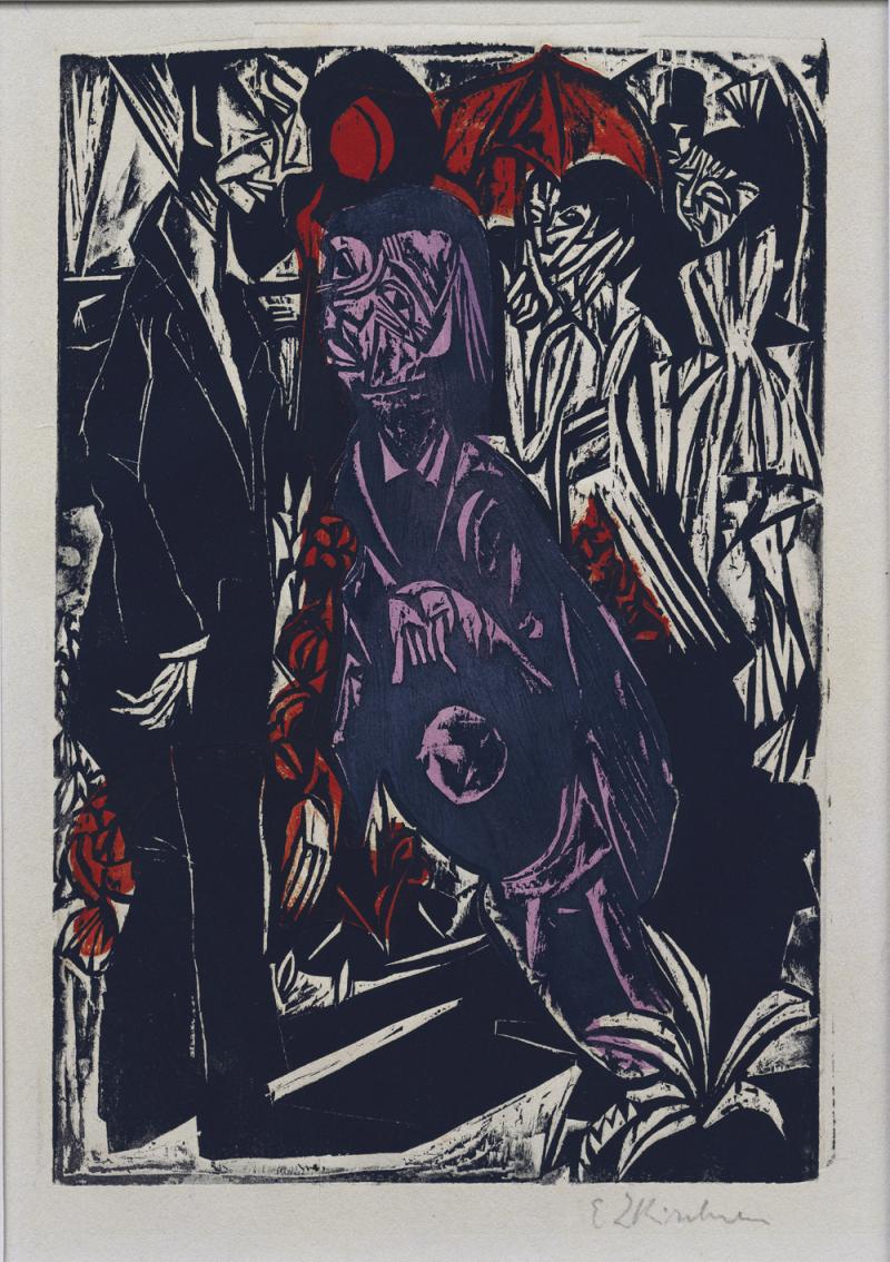 Ernst Ludwig Kirchner: Der Verkauf des Schattens, 1915 Holzschnitt in Schwarz, Rot und Violett 32,3 x 22 cm Inv.-Nr. F 122 b, Dube H 263 Brücke-Museum Berlin Karl und Emy Schmidt-Rottluff Stiftung