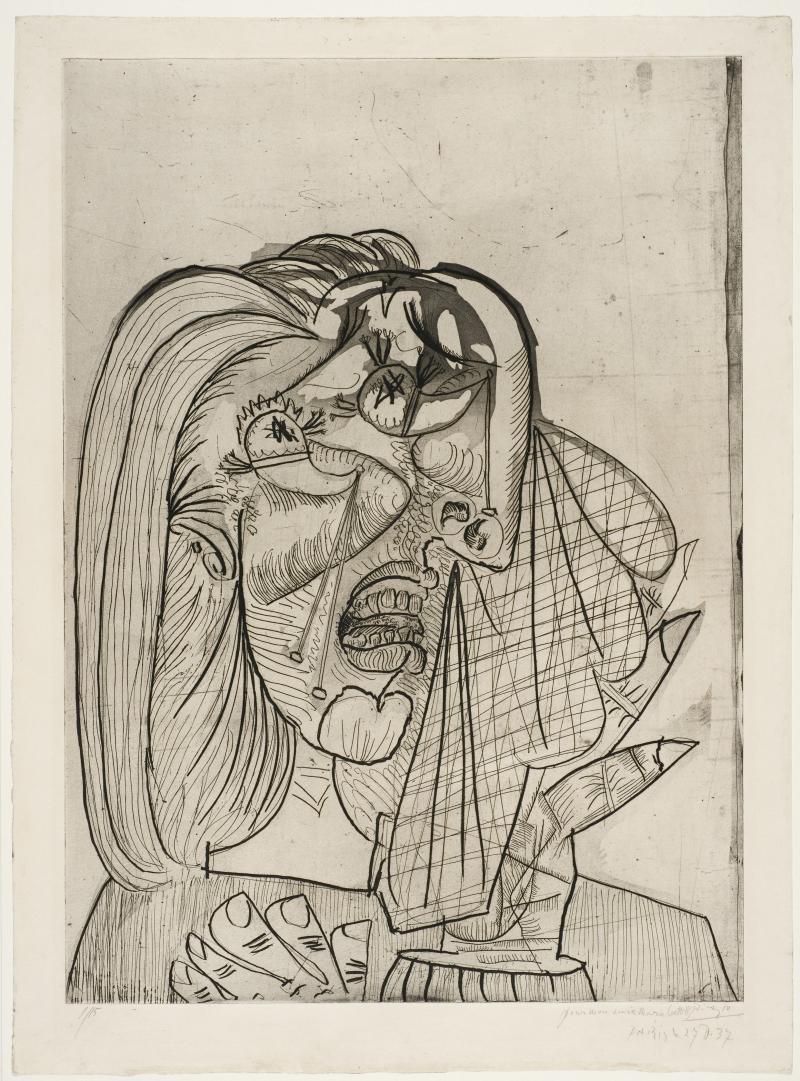 Pablo Picasso La femme qui pleure, 1937 Die weinende Frau Strichätzung 72,3 x 49,3 cm Leihgabe Stiftung Sammlung Bernhard Sprengel und der Freunde des Sprengel Museum Hannover © VG Bild-Kunst, Bonn 2014 Foto: Michael Herling / Aline Gwose / Benedikt Werner,