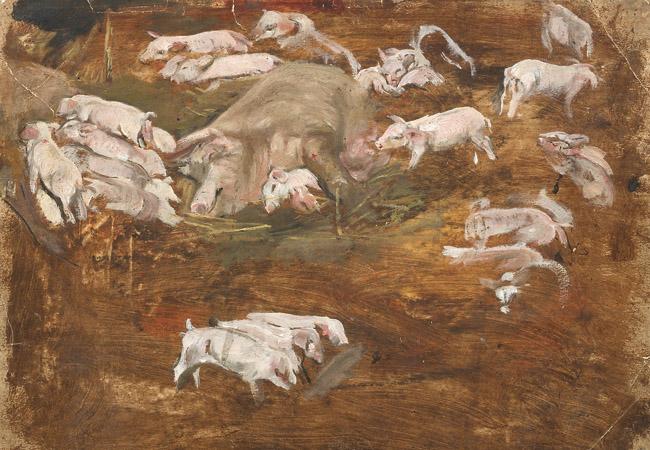 Max Liebermann (1847 - 1935). Schweinekoben. Öl/Papier. Sign.;