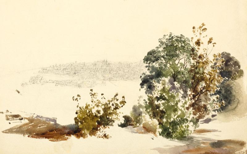 RUDOLPH VON ALT (1812 Wien 1905) Studie zu einer Ansicht von Prag. 1849. Schwarzer Stift, Aquarell. 26,5x36,2 cm. CHF 12 000 / 15 000