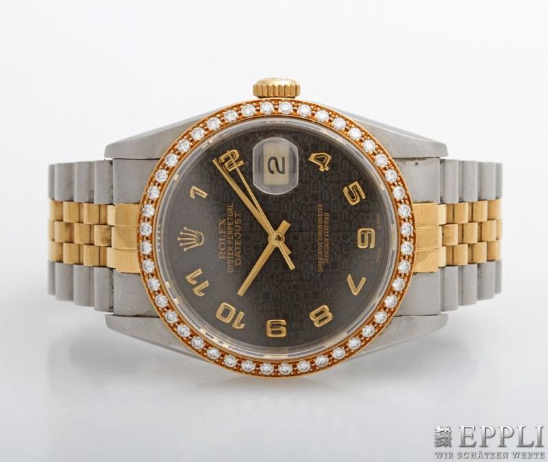 ROLEX Herrenuhr "Oyster Perpetual Datejust"  Edelstahl/GG 18K. Ref.: 16233. Mit Diam.-Lünette. Automatic-Werk. Original-Etui anbei! Schließe verziert m. aufgesetztem Monogramm.  Aufrufnummer: 485 Aufrufpreis: 3.850 Euro