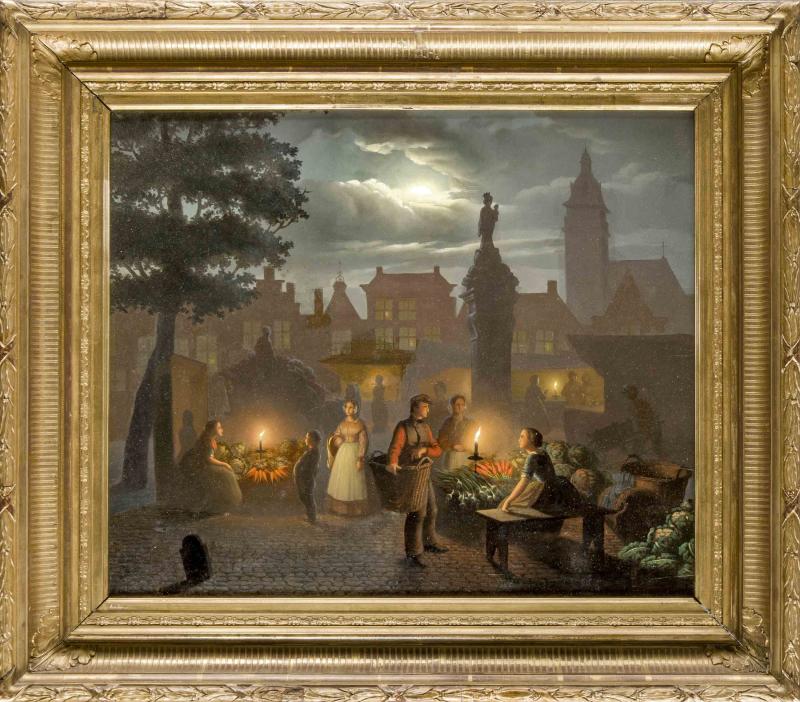 Petrus van Schendel (1806-1870) (attr.), Umkreis, Belgischer Genremaler, bekannt für seine nächtlichen Szenen, hier ein Nachtmarkt in Antwerpen, Öl/Holz.Limit: 5.500,- EUR