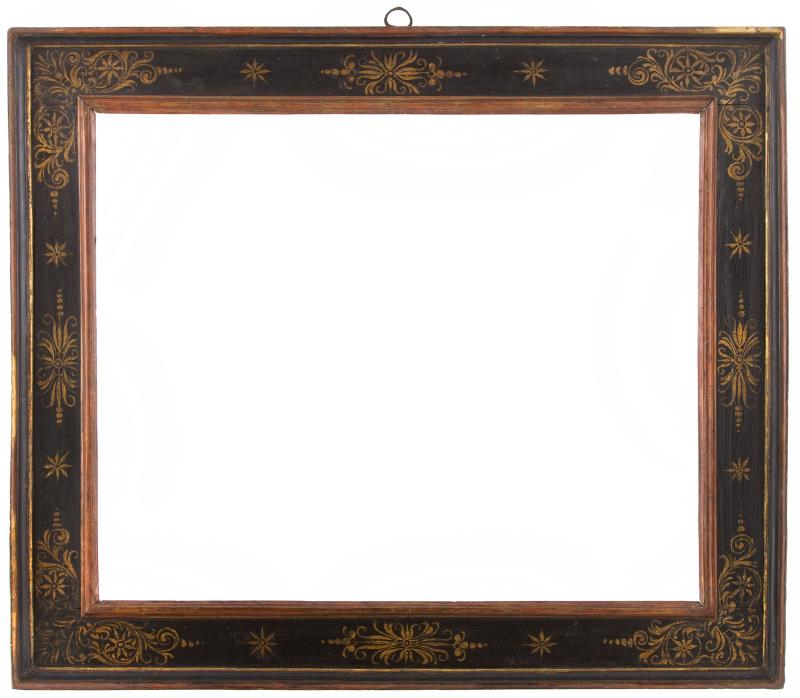 Los 69 | Kassettenrahmen | Italien 16. Jh. | schwarz gefasst und golden bemalt | alter Aufhänger | Lichtmaß: 74,5×60,5 cm | Profilbreite: 4,3 cm | Aufruf: 2.600 €