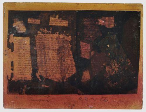 Hermann Glöckner "Helle Insel in rotem Grund vor Gelb" (Tafel). 1956. 18 x 23,4 cm (unregelmäßig), Ra. 27,5 x 33 cm. 			3500 € ** Zzgl. Folgerechtsabgabe 2.00 %.