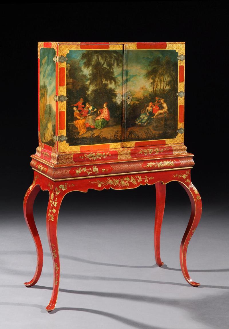 A German Rococo Painted and Lacquered Cabinet on Stand Circa 1750 Height : 146 cm  Width (max.) 92 cm  Depth (max.) 42 cm   Pelham Galleries