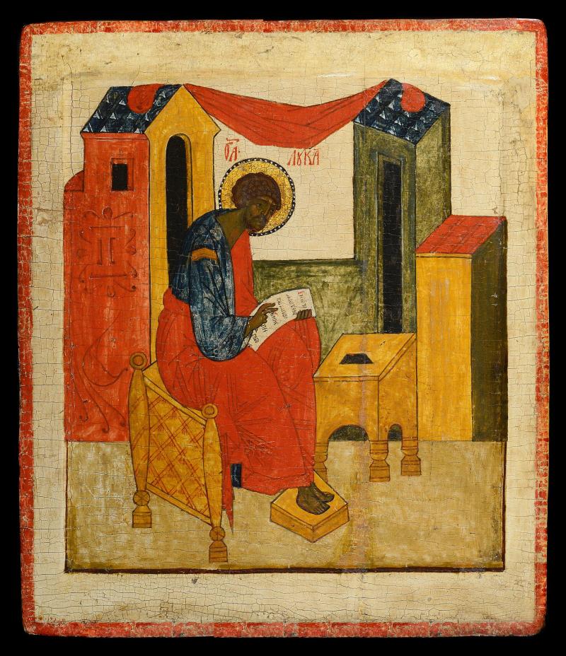 Evangelist St Luke from a Royal Door Levkas, tempera on panel 49 x 42.5 cm Central Russia, mid 16th century   Jan Morsink Ikonen