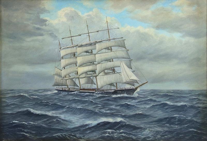 Katalog-Nr. 32 - Johannes Holst (1880 - 1965) - Öl auf Leinwand, "Die Viermastbark "Pamir" (Flying P-Liner) unter vollen Segeln in ruhiger See", 1955. Limit: 2.500,00 EUR