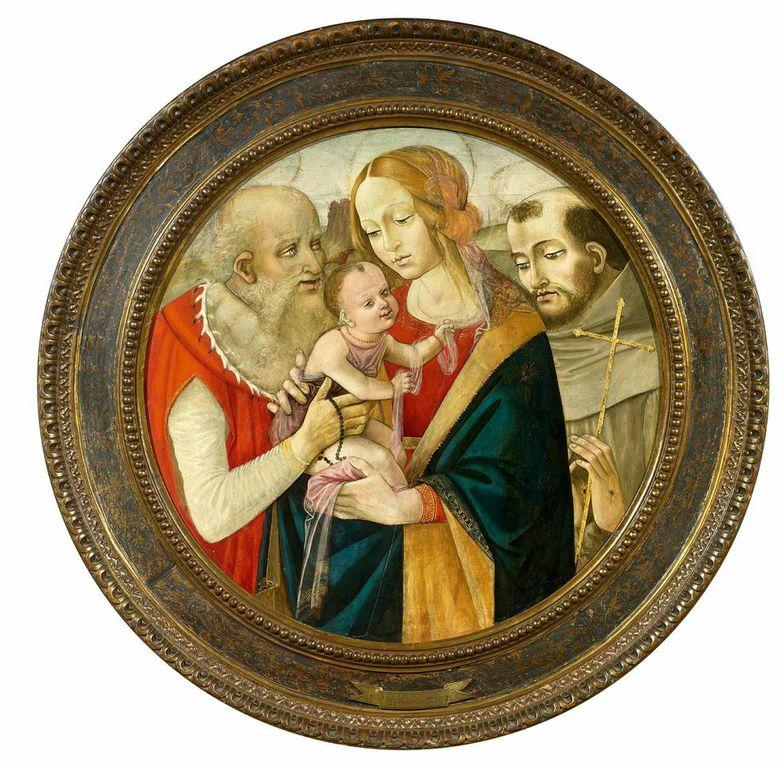 Filippino Lippi – Schule Maria mit Kind und zwei Heiligen  Tempera auf Pappel | Ø ca. 89 cm  Original Rahmen, um 1500.  Ergebnis: 268.800 Euro