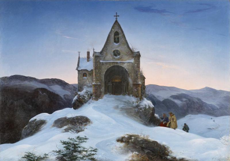 Ernst Ferdinand Oehme  Bergkapelle im Winter | 1842  Öl auf Leinwand | 78 x 110cm  Ergebnis: 281.600 Euro