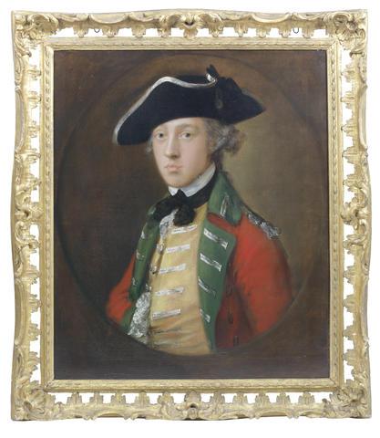 Los 77 Thomas Gainsborough, R.A. (Sudbury 1727-1788 London) Portrait of an officer, traditionally identified as the future General James Wolfe (1727-1759), half-length, in military uniform with a scarlet coat with green facings and a yellow waistcoat with loops of lace, Verkauft für £146.500 (€186.363) inkl. Zuschlag