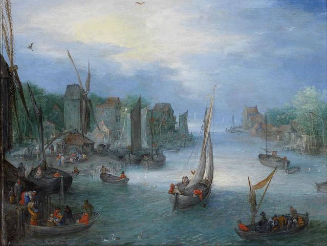 Los 18 Jan Brueghel the Younger (Antwerp 1601-1678) A river landscape with boats by a town Verkauft für £122.500 (€155.832) inkl. Zuschlag