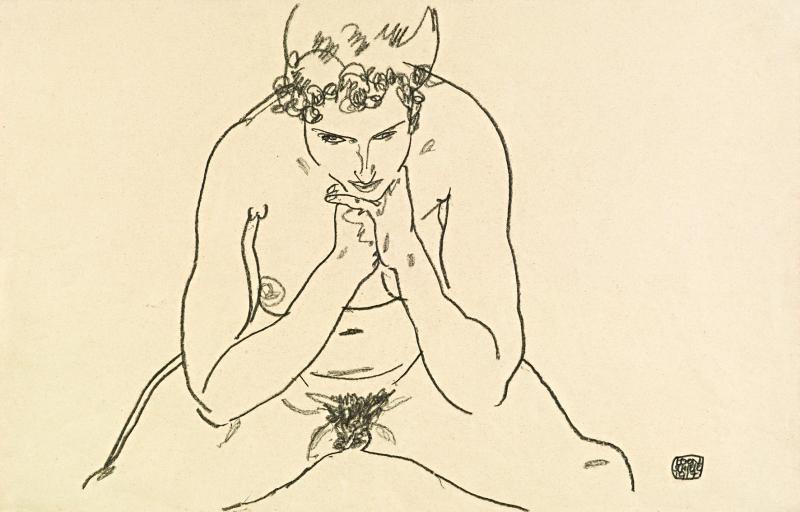 Egon Schiele (1890-1918) Sitzender Akt, 1917, schwarze Kreide auf Papier, 29,5 x 46 cm erzielter Preis € 405.600