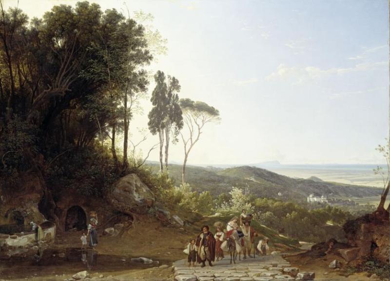 Franz Ludwig Catel (1778–1856) Blick über Ariccia auf die Ponzianischen Inseln, im Vordergrund römisches Landvolk, um 1823 Öl auf Leinwand, 100 x 138 cm München Bayerische Staatsgemäldesammlungen, Neue Pinakothek © bpk/Bayerische Staatsgemäldesammlungen