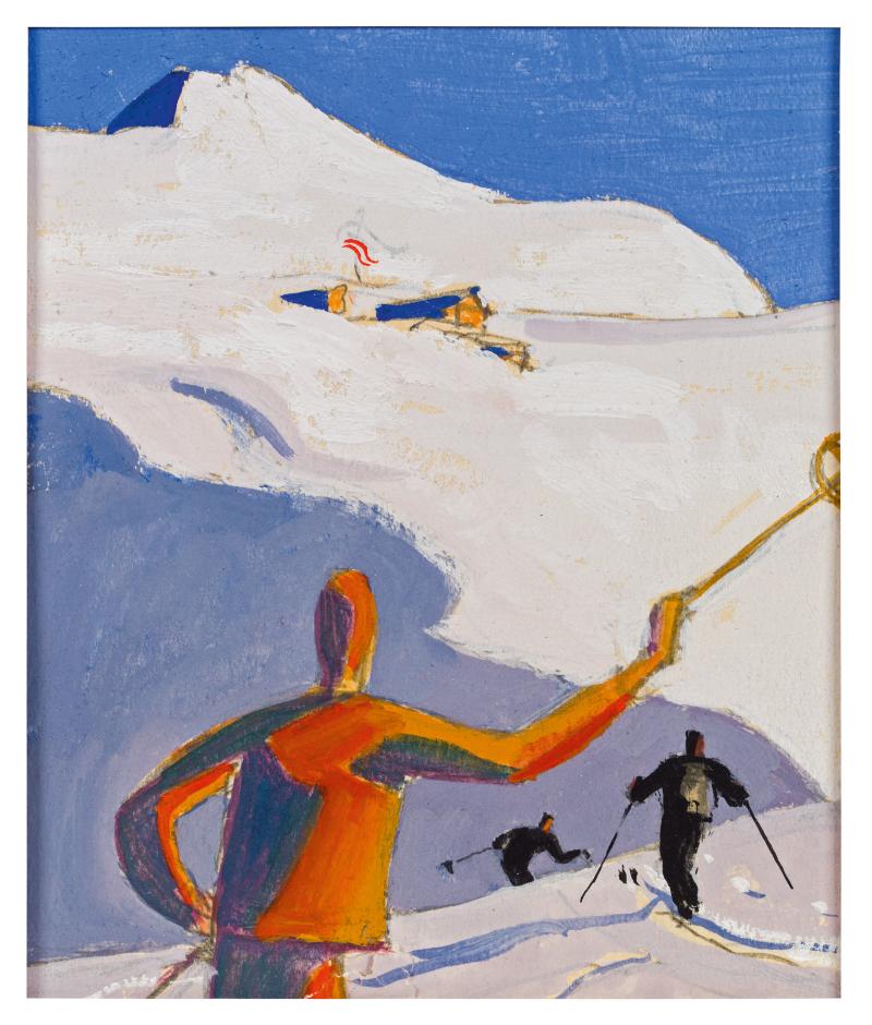 Alfons Walde * Schätzpreis € 25.000 - 50.000 Normalbesteuerung. (Oberndorf 1891 - 1958 Kitzbühel) Schifahrer am Horn, um 1925 Tempera auf Papier; 12 × 10 cm (Passep.-Ausschnitt) Nachlass-Stempel mit der Bestätigung von Guta E. Berger rückseitig Provenienz: aus dem Nachlass des Künstlers; Privatbesitz, USA Das Bild ist im Werkarchiv von Alfons Walde mit der Nummer D-SC-71 registriert.