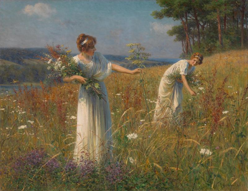 Berko Fine Paintings, Leopold Franz Kowalski (1856 - 1931) Picking flowers. Oil on canvas: 89.5 x 107 cm Signed lower right.