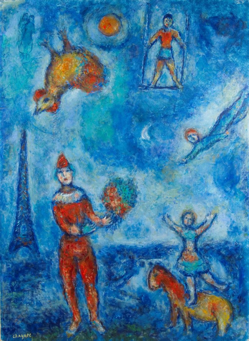 Stern Pissarro Gallery, Marc Chagall (1887-1985) Le Cirque dans le Ciel Bleu de Paris. Oil on canvas, 100 x 73 cm . Signed lower left CHAGALL and also on the back. Executed circa 1978-81