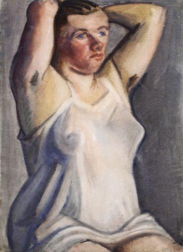 Curt Querner "Sitzende Schwangere im Hemd (Halbfigur)". 1958.  Aquarell auf "Fabriano"-Bütten. In Blei monogrammiert "Qu" und ausführlich datiert u.re. Weiterhin bezeichnet "XX" am Bildrand re. u. Verso mit der Darstellung einer Sitzenden auf einem Stuhl, in Rock und Hemd, Aquarell. In Blei monogrammiert "Qu" und ausführlich datiert. WVZ Dittrich B 617, mit minimal abweichenden Maßangaben. 2400 €