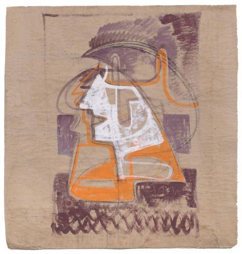 Hermann Glöckner "Kurven + Kopf". 1953.  Tempera auf braunem Packpapier. Unsigniert. U.re. in Blei betitelt. Verso mit einem weiteren Profil und Kurven in Tempera sowie perforierten Maßzeichnungen in Graphit versehen, mehrfach von Künstlerhand mit Bemalungen versehen sowie bezeichnet und datiert. Hinter Acrylglas in einer weiß lasierten Holzleiste gerahmt. 3500 €