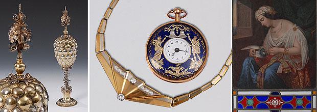 Barocker Traubenpokal | Designer-Collier | Goldene Taschenuhr mit Figurenautomat | Glasgemälde C. J. B. Wetzel