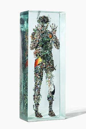 Dustin Yellin  Psychogeography no. 43, 2014  glass, acrylic and collage, 72 x 27 x 15 inches  Image courtesy Richard Heller Gallery, Los Angeles