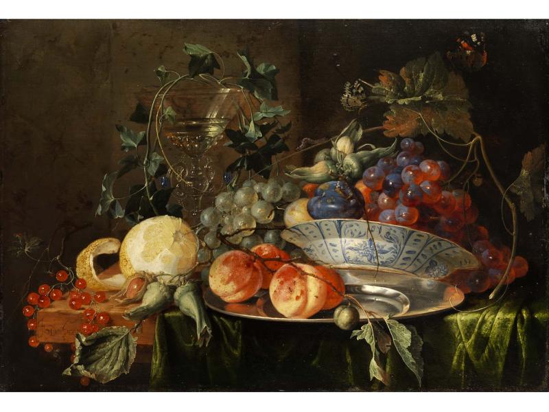 504 Jan Davidsz de Heem,  1606 Utrecht – 1683 Antwerpen  STILLLEBEN MIT GLASPOKAL, SCHMETTERLING, ZITRONE UND WEINTRAUBEN, Schätzpreis: € 90.000 - 120.000