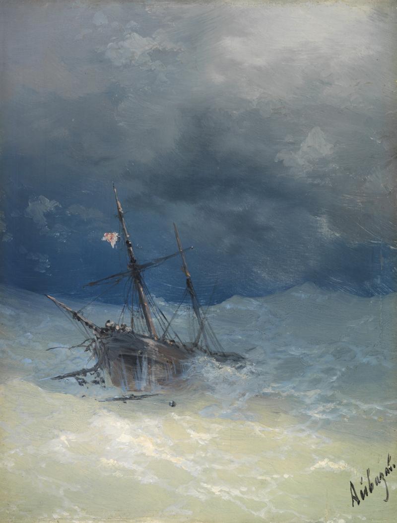 Ivan Constantinowich Aivazovsky (1817 - 1900) Sinkendes Schiff, 1889, Öl auf Mahagoniplatte, 26,9 x 20,6 cm  Schätzwert € 50.000 - 60.000