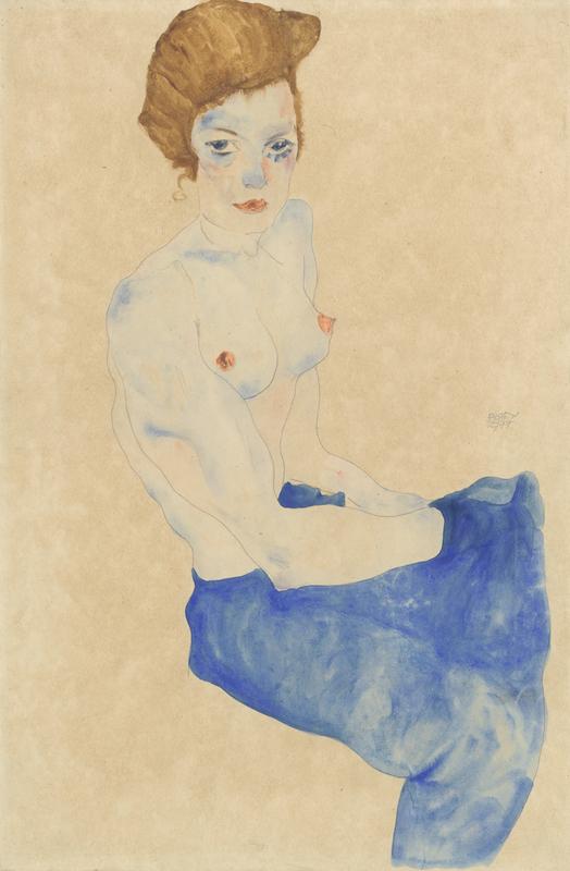 Egon Schiele, Sitzendes Mädchen, der Oberkörper nackt, hellblauer Rock, 1911 © Sammlung Gemeentemuseum Den Haag, Foto: Sammlung Gemeentemuseum Den Haag