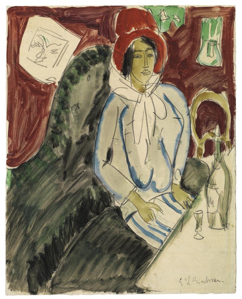 Galerie Ludorff Ernst Ludwig Kirchner (Aschaffenburg 1880-1938 Frauenkirch, Switzerland) Sitzende Frau mit einem Hut in einem Restaurant