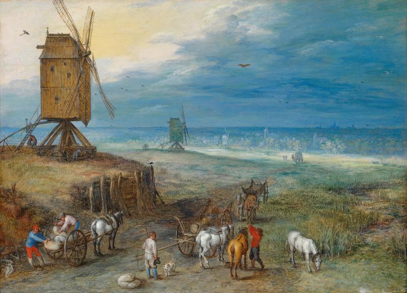 Lot Nr. 53 Jan Brueghel I.  (Brüssel 1568 - 1625 Antwerpen)  Die Rast an der Windmühle,  Öl auf Holz, 36,2 x 48,9 cm  erzielter Preis € 523.446