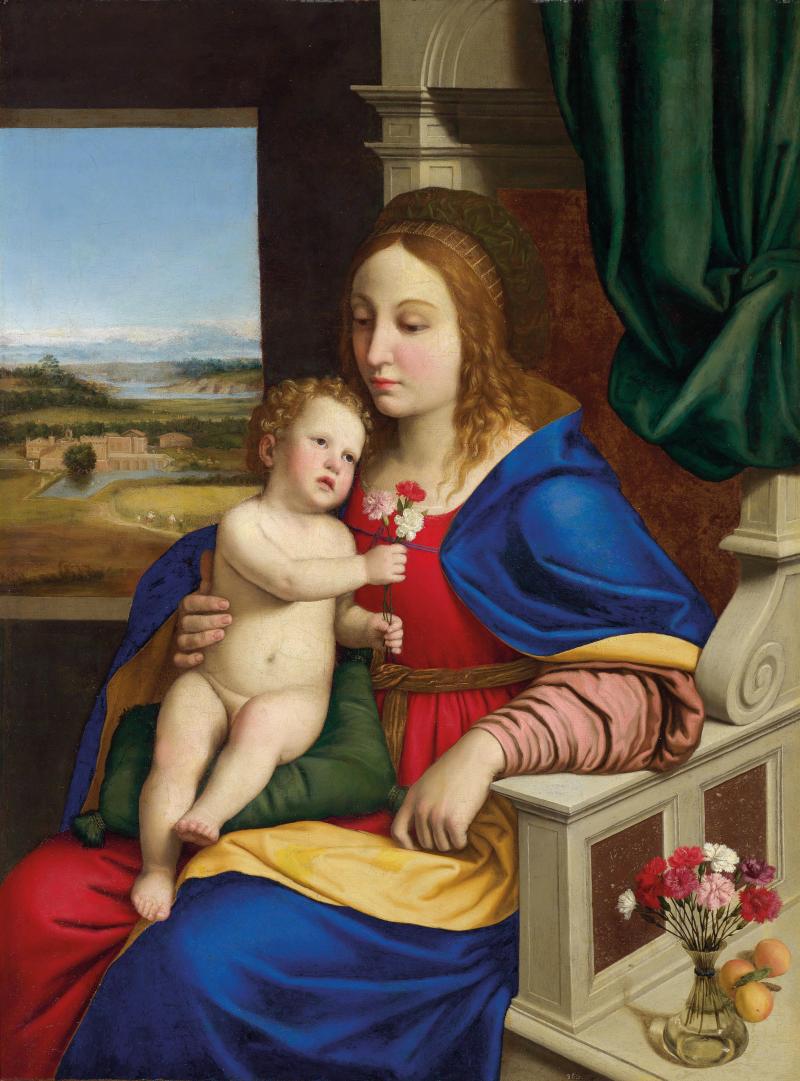 Lot Nr. 52 Giovan Battista Salvi,  gen. il Sassoferrato  (Sassoferrato 1609 - 1685 Rom)  Madonna del garofano (Madonna mit den Nelken)  Öl auf Leinwand, 109,5 x 82 cm  erzielter Preis  € 417.800