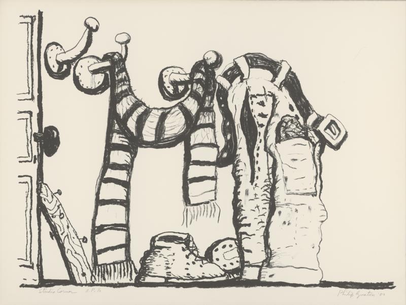 Philip Guston, Studio Corner, 1980, Lithographie, 813 x 1067 mm, Privatsammlung  Foto: Staatliche Graphische Sammlung München © The Estate of Philip Guston, New York