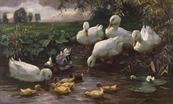 330 ALEXANDER KOESTER Erpel mit Enten und Küken am Seeufer, Ca. 1905-1910. Öl auf Leinwand Schätzpreis: € 20.000