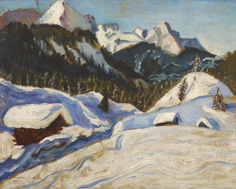 Gabriele Münter (1877 - 1962) Schneelandschaft bei Elmau, 1924, Öl auf Karton, 32,8 x 40,5 cm  Schätzwert € 240.000 - 280.000  Auktion 9. Juni 2015