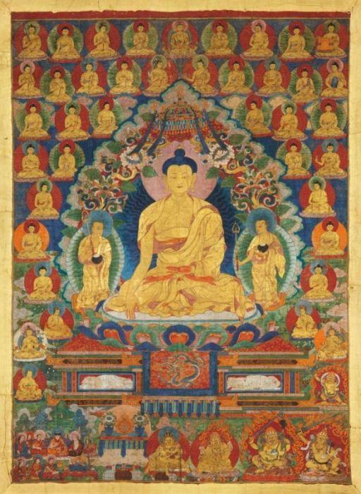 Thangka. Buddha Shakyamuni Tibet 17. Jh. 104 x 74,5cm Schätzpreis: 5.500 - 6.500 Euro