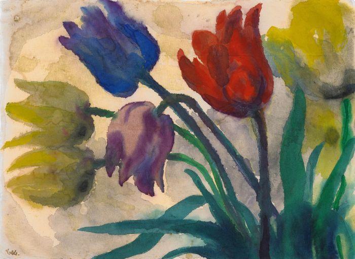 Emil Nolde Tulpen (rot, blau, violett und gelb) Aquarell auf Bütten 33,4 x 45,5cm Schätzpreis: 100.000 - 150.000 Euro