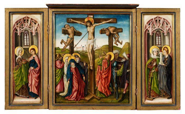 Kölnisch um 1470-1490 Triptychon  Kreuzigung Christ Öl / Tempera auf Weichholz 60,5 x 100cm Ergebnis: 21.760 Euro