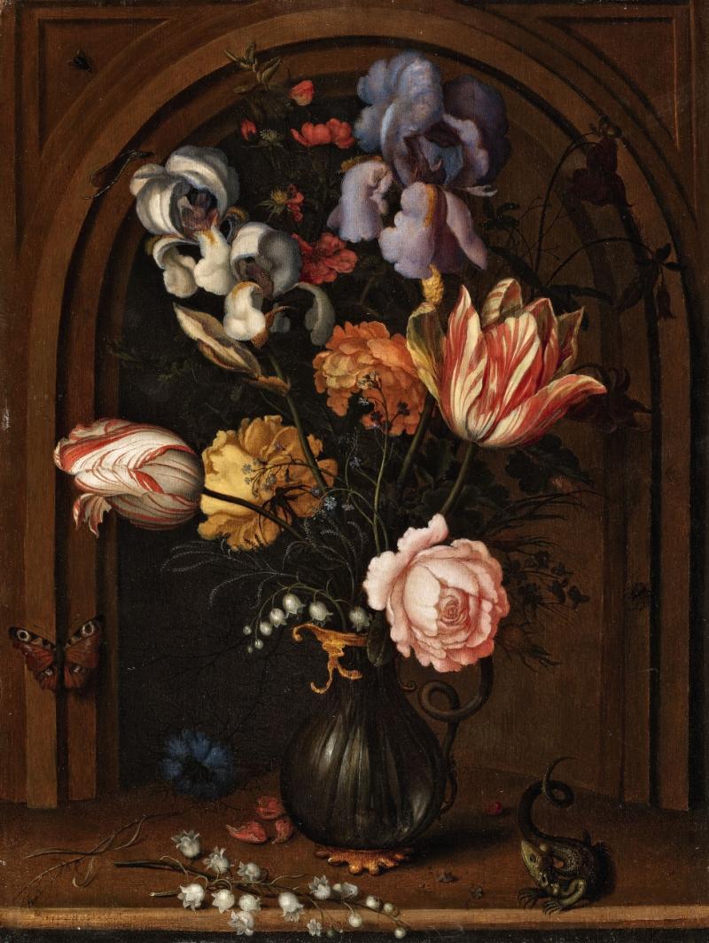 Balthasar van der Ast, Blumenvase vor einer Nische mit Schmetterling, Fliege, Libelle und Eidechse  Ergebnis: €124.000