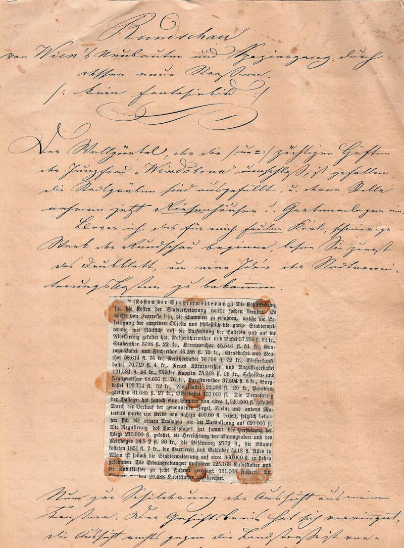 Manuskript von Friedrich Schindler Rundschau von Wien’s Neubauten und Spazier- gang durch dessen neue Straßen 1866