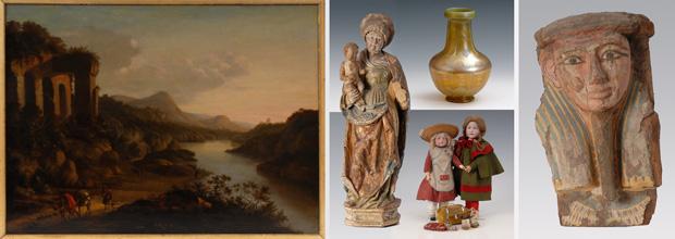 Horatius de Hoogh "Ruinenlandschaft" | Madonna mit Kind | Tiffany-Vase | 2x Gretchen | Ägyptische Sarkophag-Maske