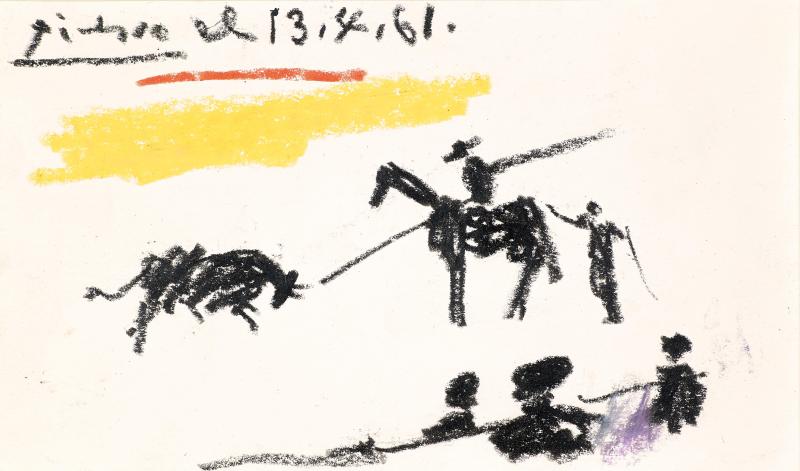 Nr. 550  Pablo Picasso (1881-1973)   Tauromachie (le moment du picador), 13.4.1961  Fettkreide auf Papier, 11 x 19 cm