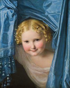 Ferdinand Georg Waldmüller (1793-1865), Kind unter einem blauen Seidenvorhang hervorschauend, 1821, Öl auf Leinwand, 44 x 35 cm, Schätzpreis: € 70.000 – 140.000